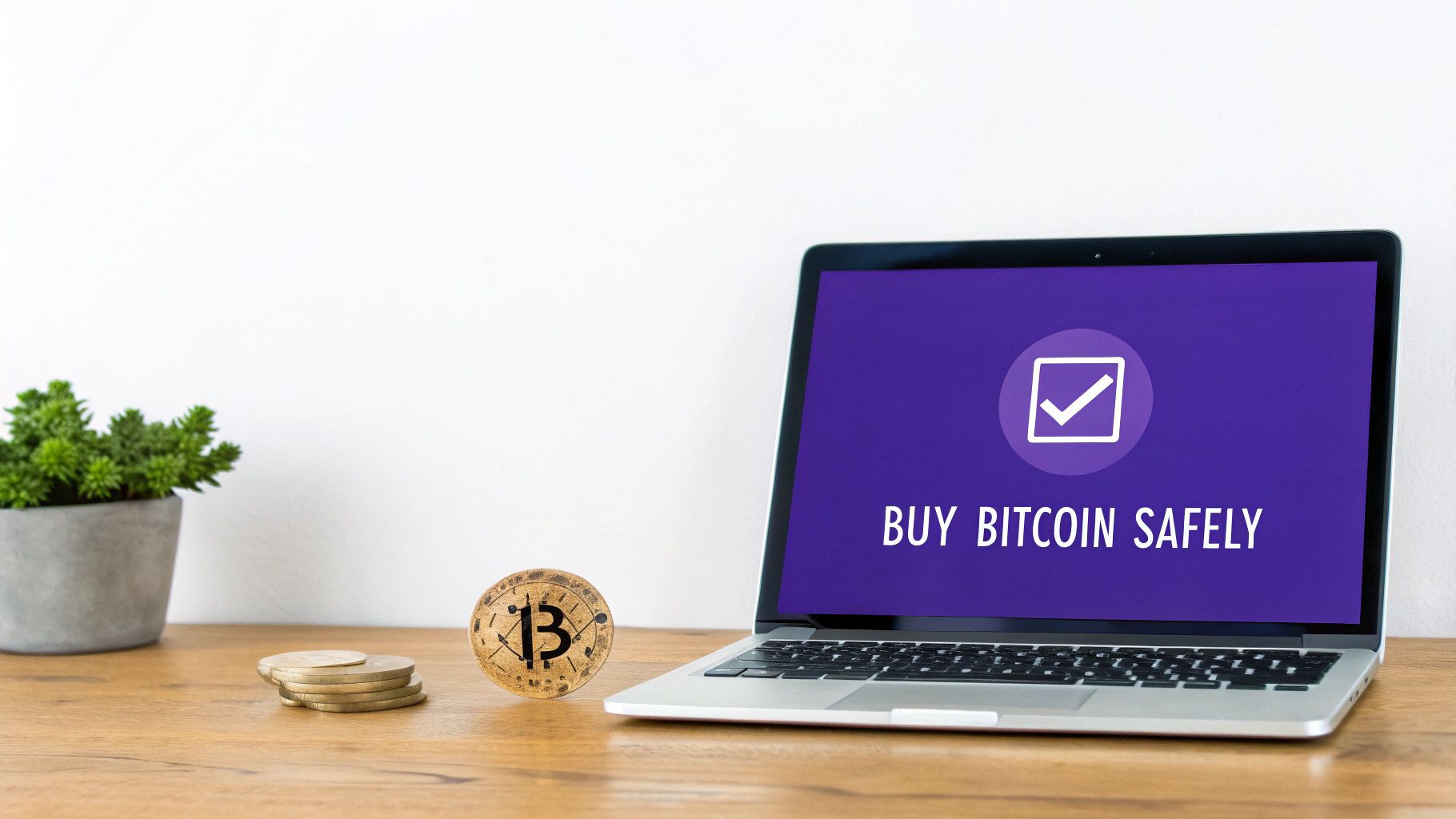 A visual representation of a secure framework for buying Bitcoin, showing a key, a shield, and a wallet icon.