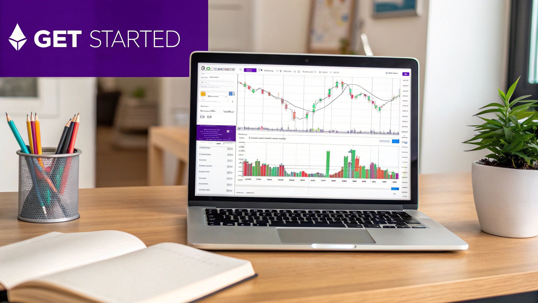 A person analyzing cryptocurrency charts on a computer screen, representing the start of a trading journey.