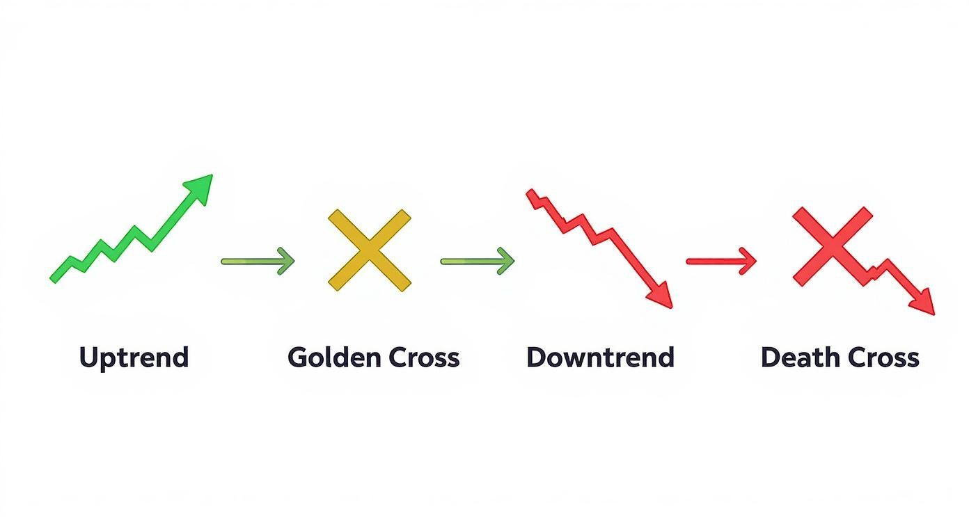 Technical analysis chart patterns showing uptrend golden cross downtrend and death cross trading signals
