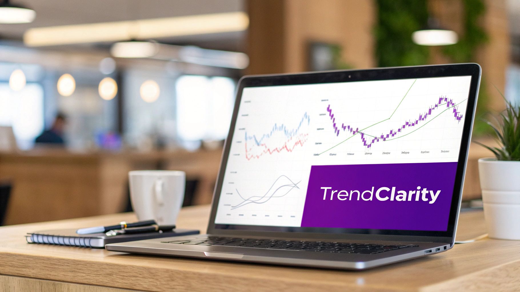 Laptop displaying TrendClarity trading charts with moving averages and trend analysis on wooden desk