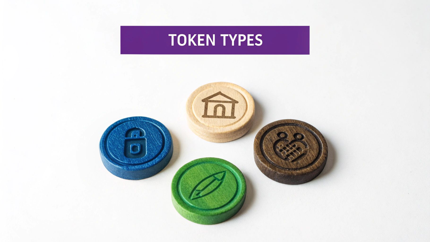 A collage of different types of crypto token icons representing utility, governance, security, and NFTs.
