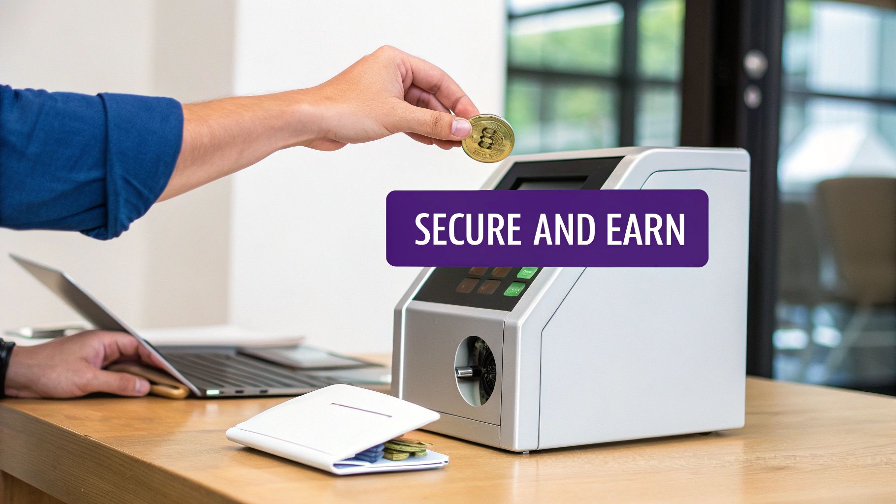 A hand places a gold cryptocurrency coin into a secure machine on a desk, with a laptop nearby. Text: Secure and Earn.