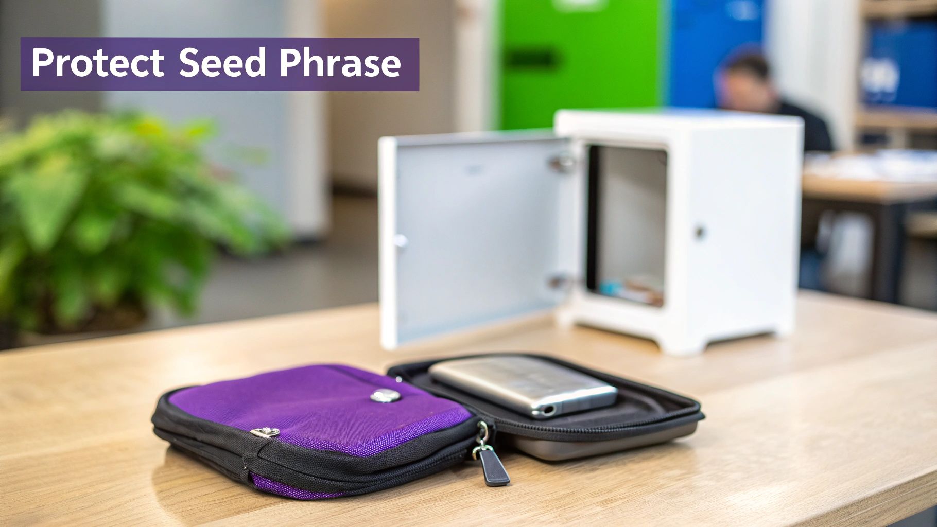 A hardware wallet in a purple case on a desk, with an open safe, illustrating seed phrase protection.