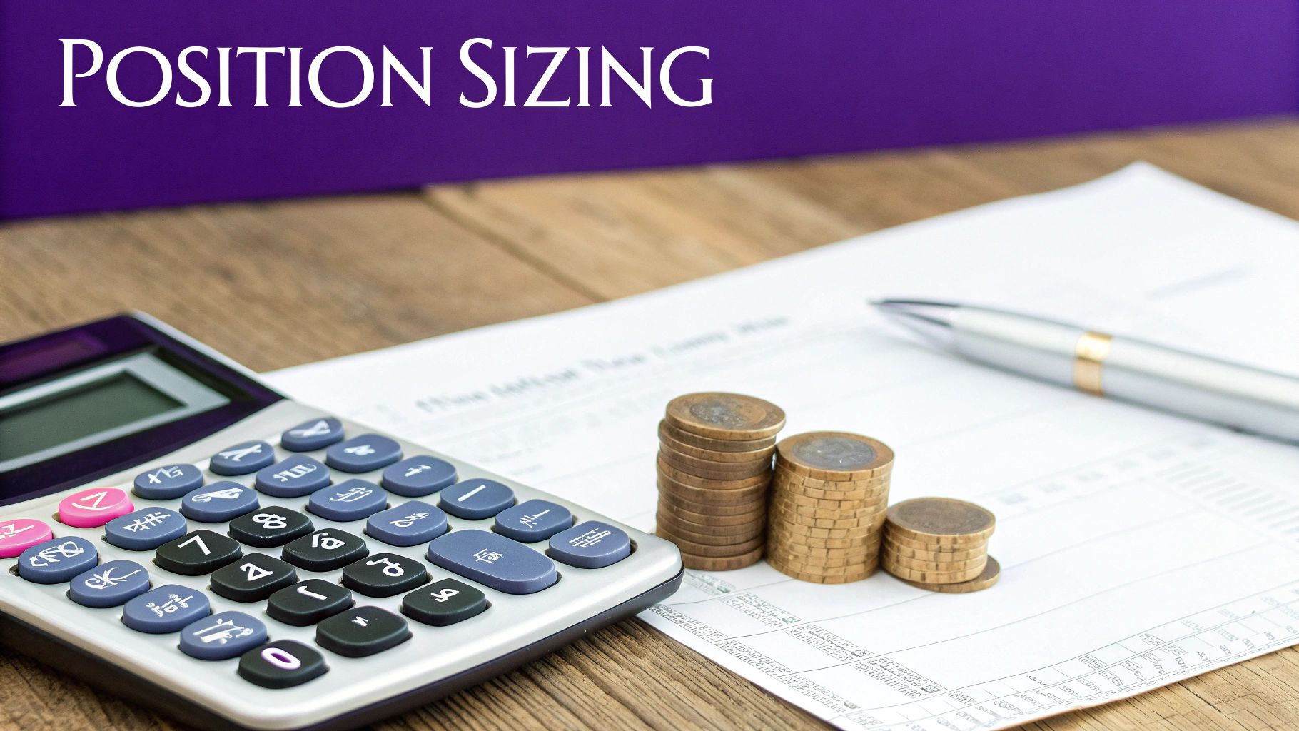 Calculator and stacked coins on financial documents representing position sizing and trading capital management