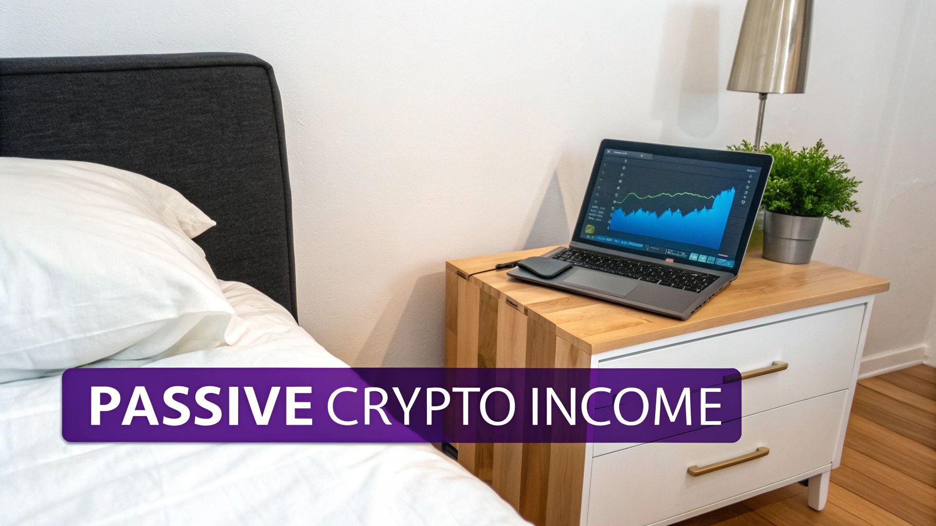 A laptop on a nightstand displays a crypto graph, suggesting passive income from trading in a bedroom setting.