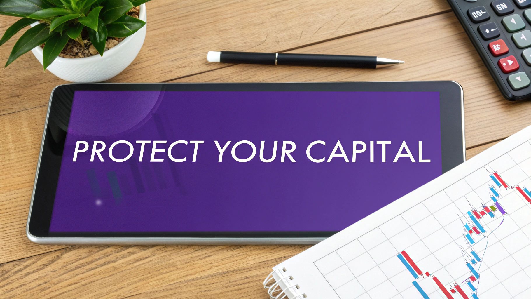 A tablet on a wooden desk displaying 'PROTECT YOUR CAPITAL' with a plant, pen, calculator, and financial chart.