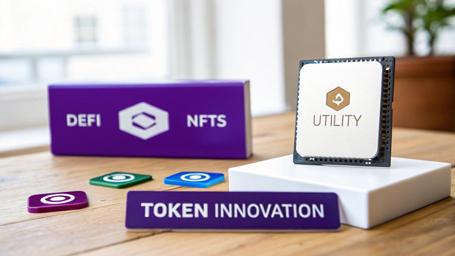 A digital art piece showing various tokens like NFTs and DeFi icons orbiting the Ethereum logo, symbolizing innovation.