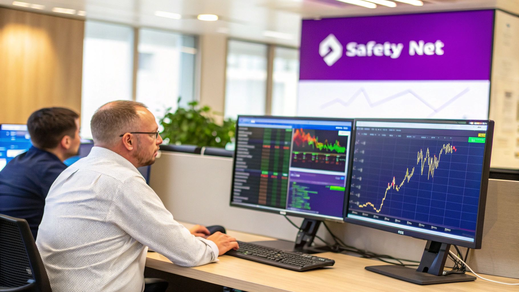 A trader analyzing charts on a computer screen.