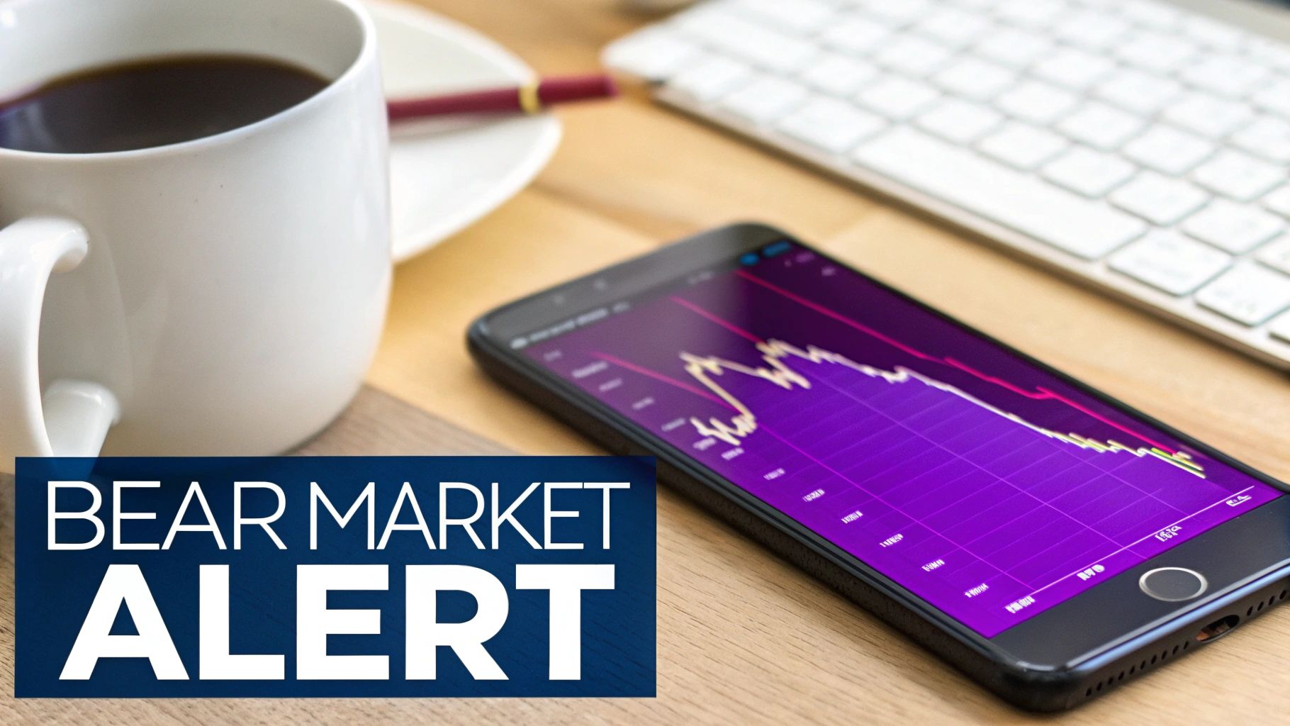 A smartphone displays a declining stock graph with a 'BEAR MARKET ALERT' overlay, beside a coffee cup.