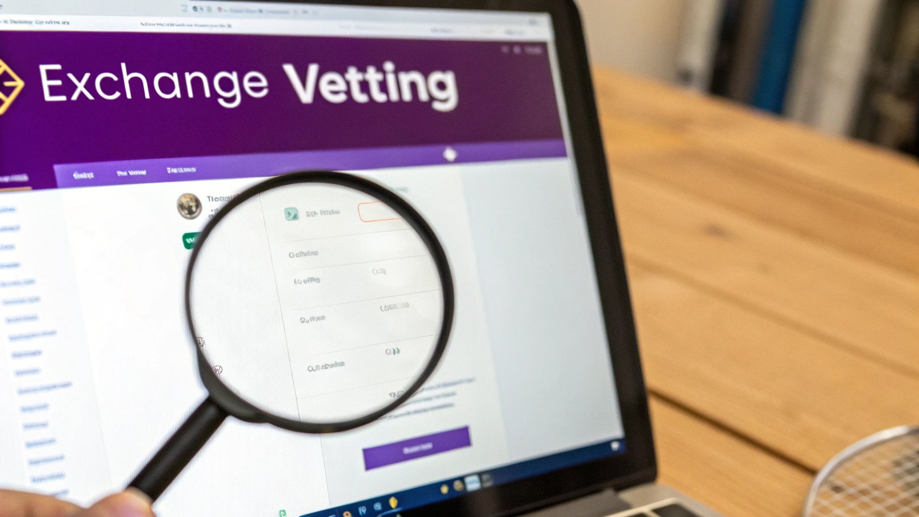 A person using a magnifying glass to inspect a digital shield icon on a computer screen, symbolizing the process of vetting a crypto exchange.