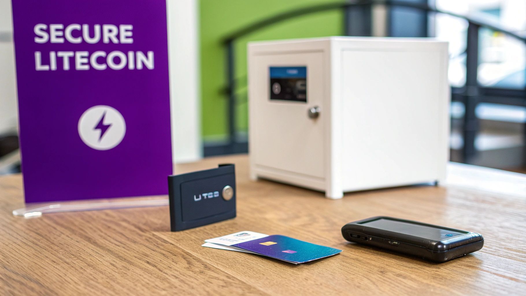 A single silver hardware wallet on a dark, reflective surface, symbolizing digital asset security.