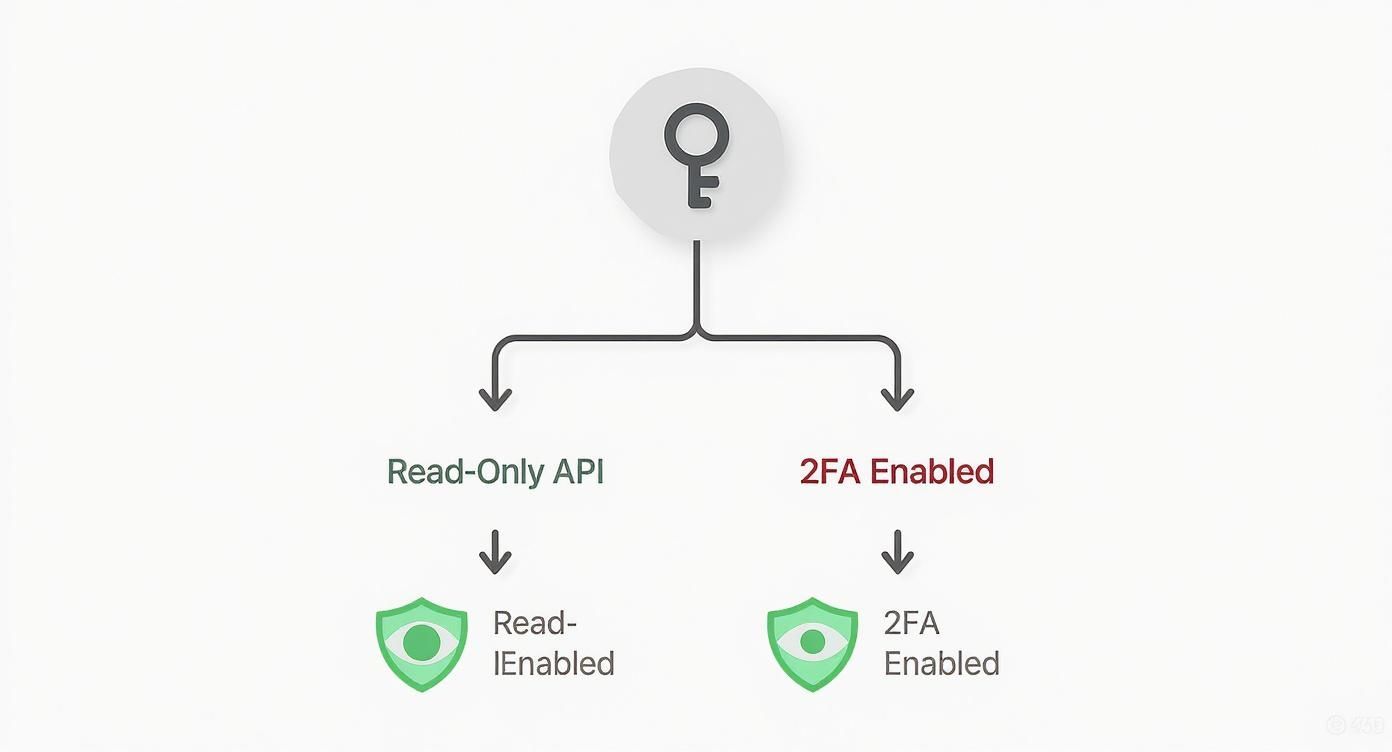 Flowchart showing API key security with read-only access and two-factor authentication enabled options