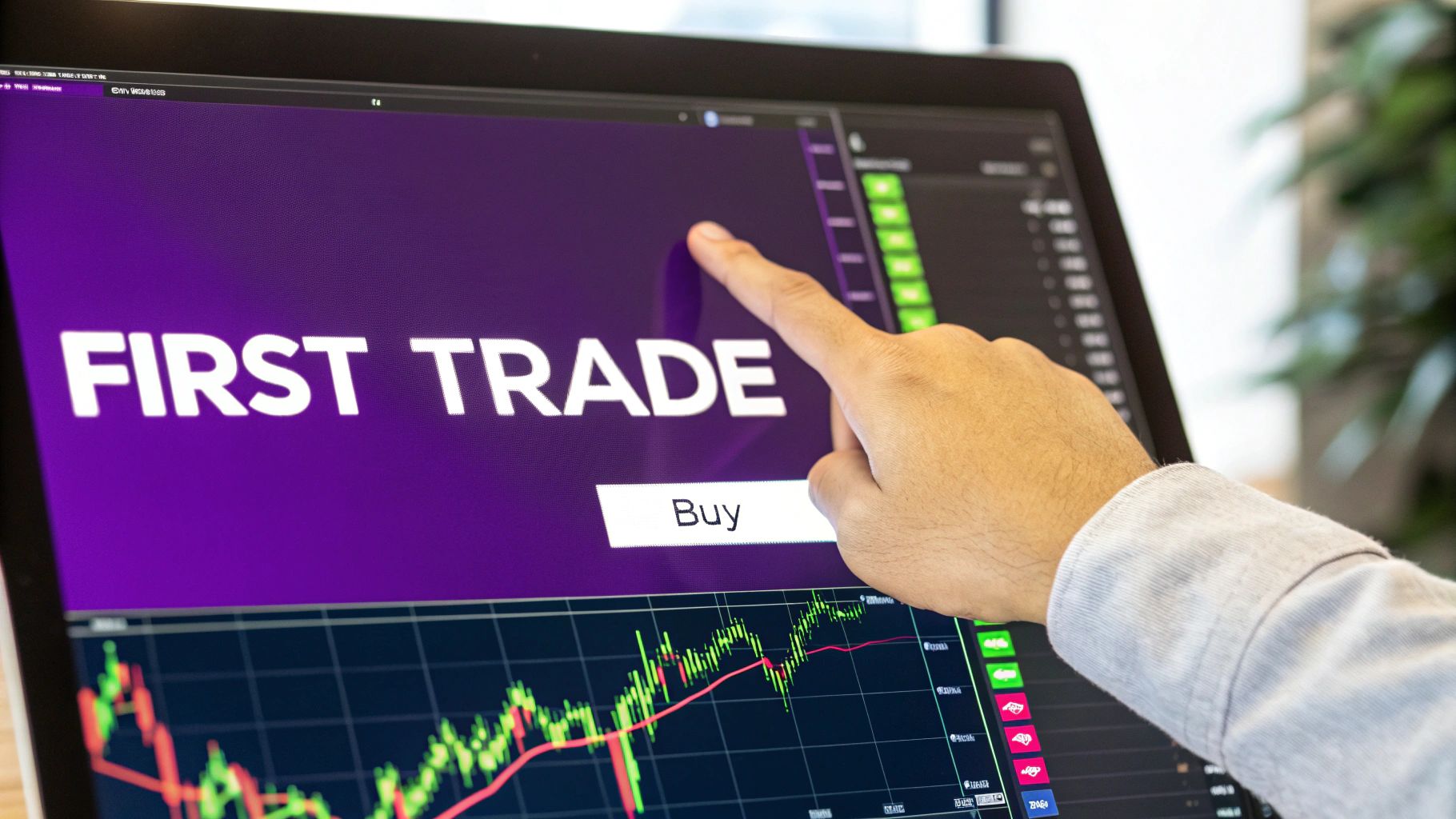 A close-up of a trading interface on a screen showing buy and sell buttons for cryptocurrency.