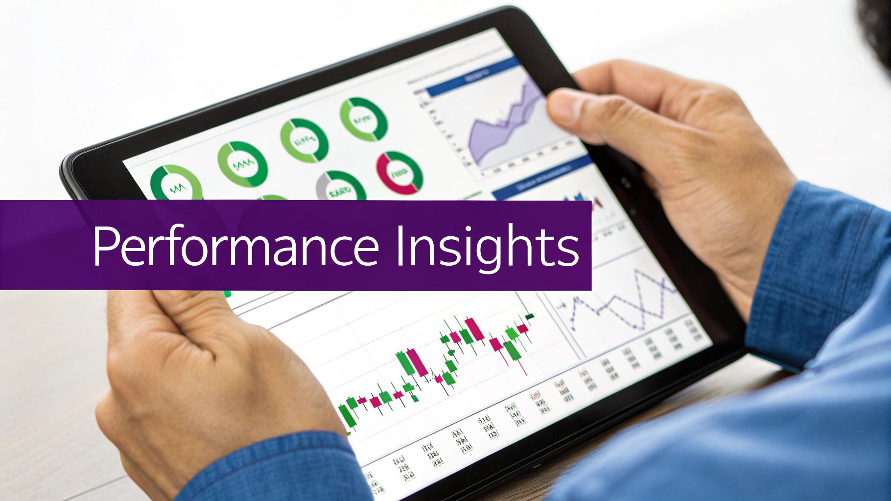 Person holding tablet displaying performance insights dashboard with charts, graphs, and financial data analytics