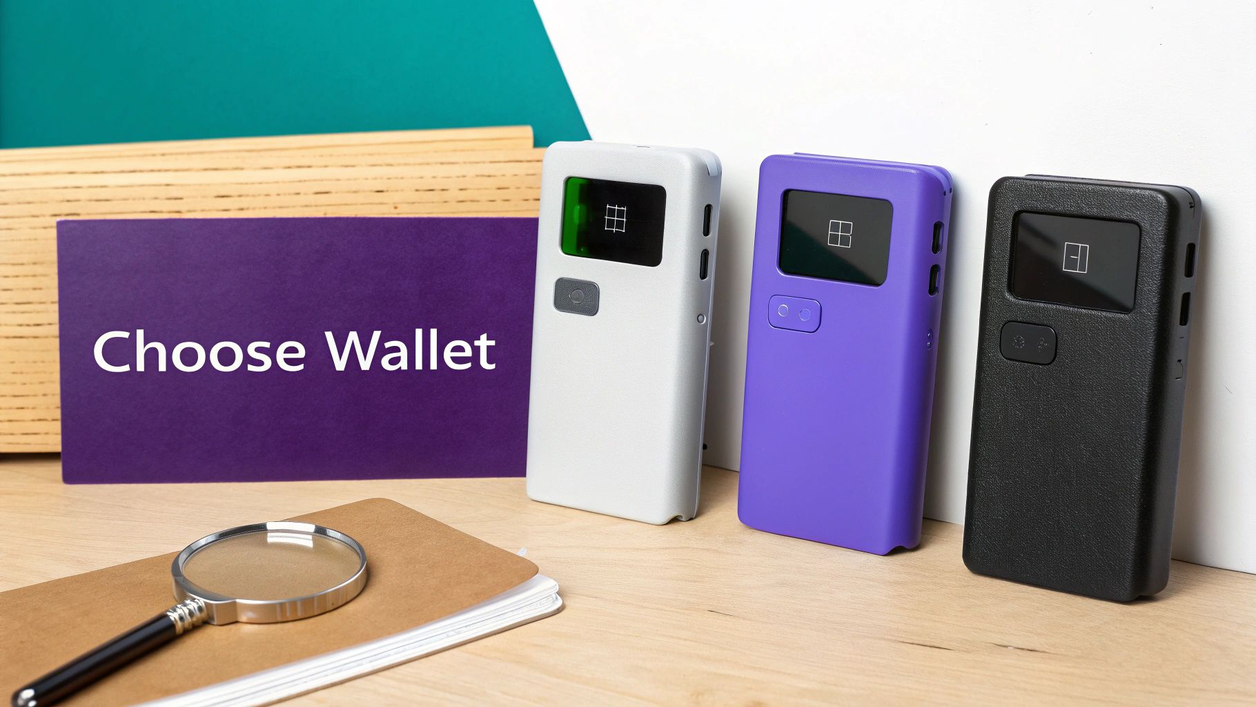 A close-up of a hardware wallet device being held.