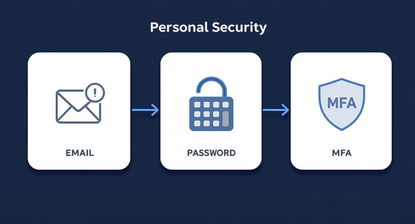 Infographic showing the personal security process flow with icons for Email, Password, and MFA.