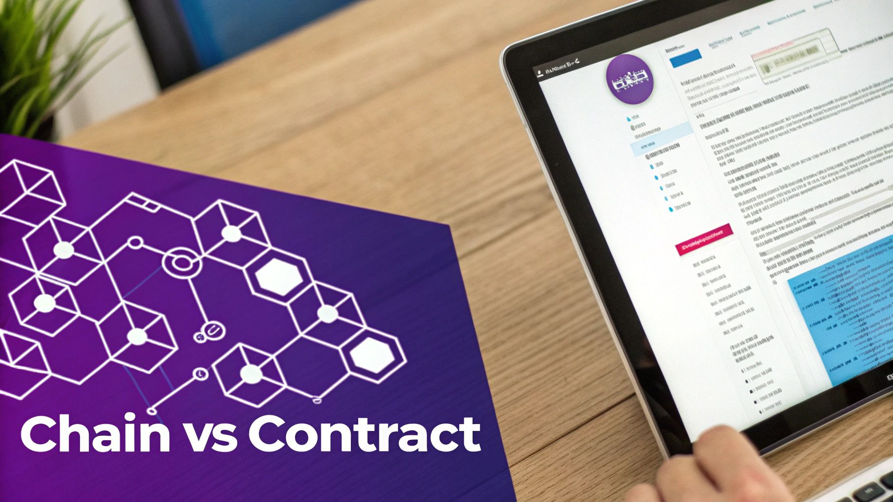 A digital illustration of a fortified blockchain network on one side and a smart contract document with a shield on the other.