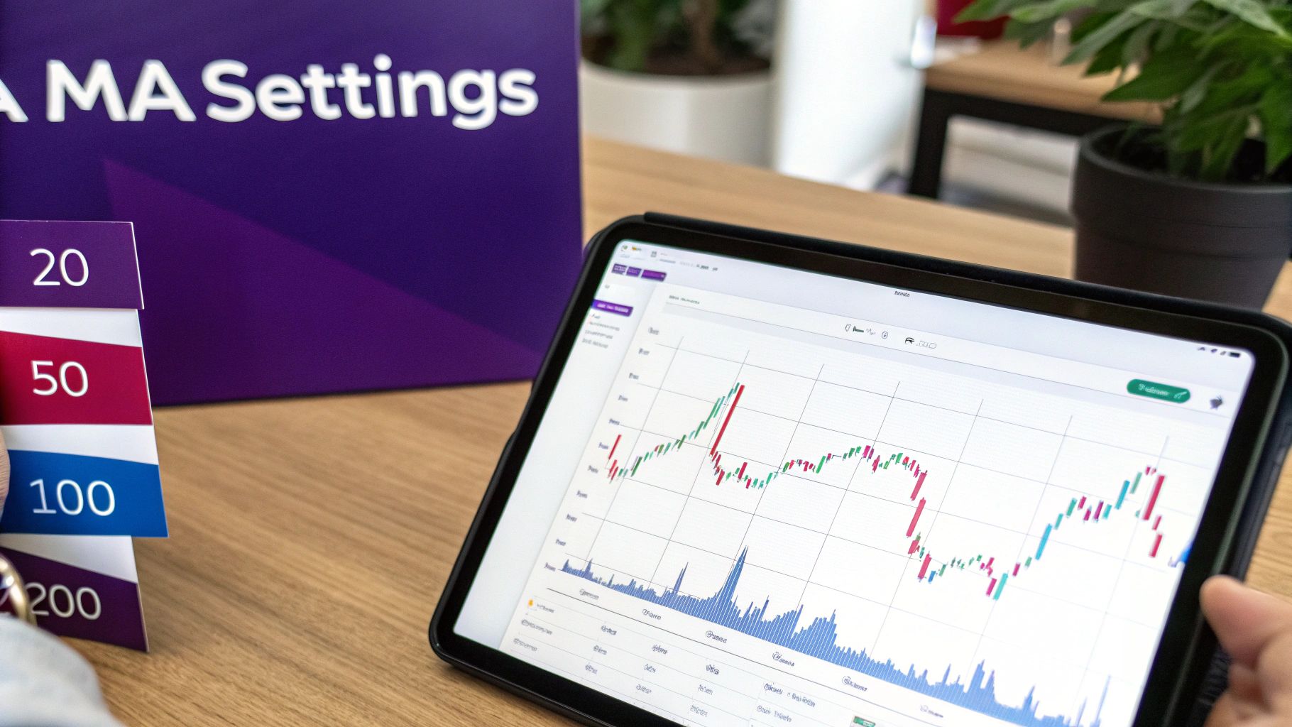 Tablet displaying moving average chart with candlestick patterns and volume indicators for technical analysis