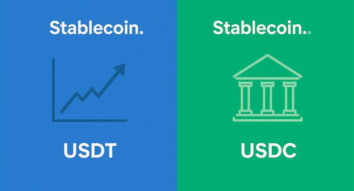 Infographic comparing USDT, represented by a trading chart icon, and USDC, represented by a bank icon, highlighting their primary use cases.
