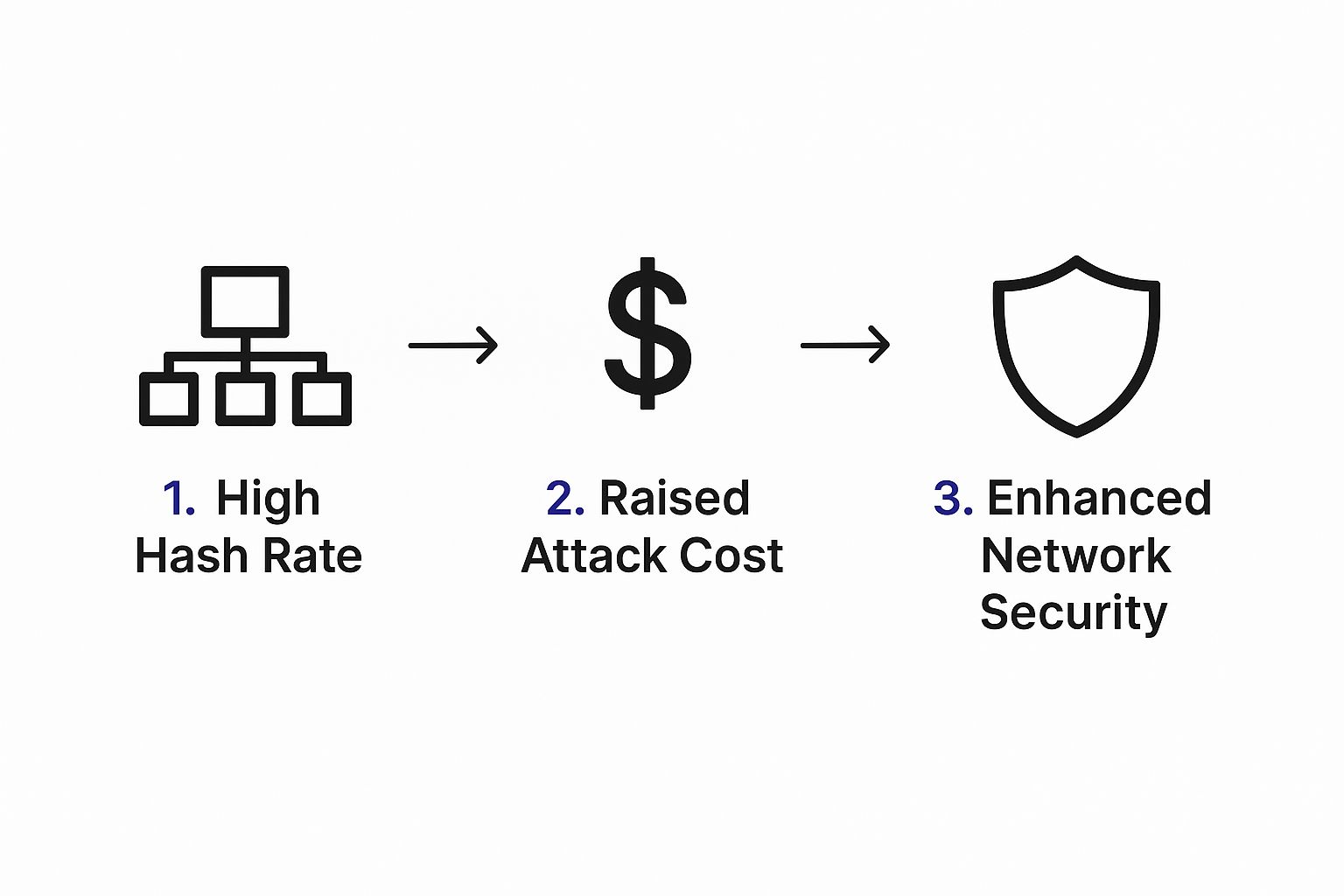 Infographic showing that a high hash rate leads to a raised attack cost, which in turn enhances network security.