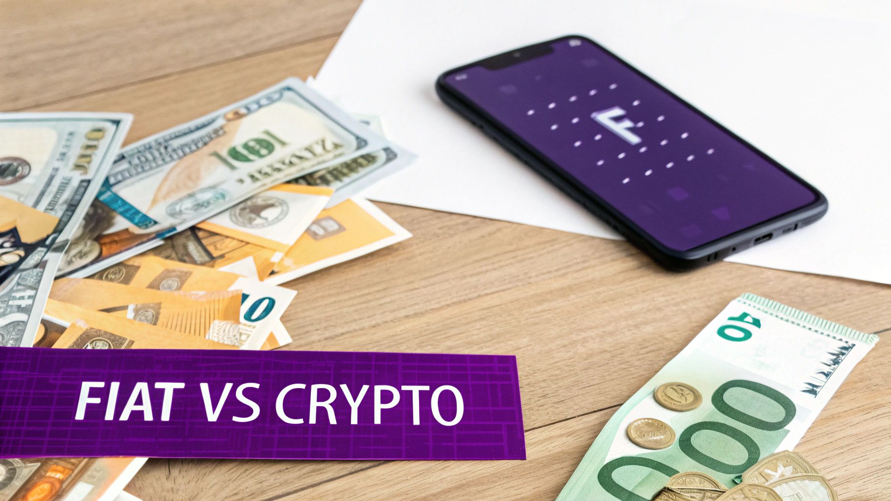A visual comparison of physical fiat currency and digital cryptocurrency coins.