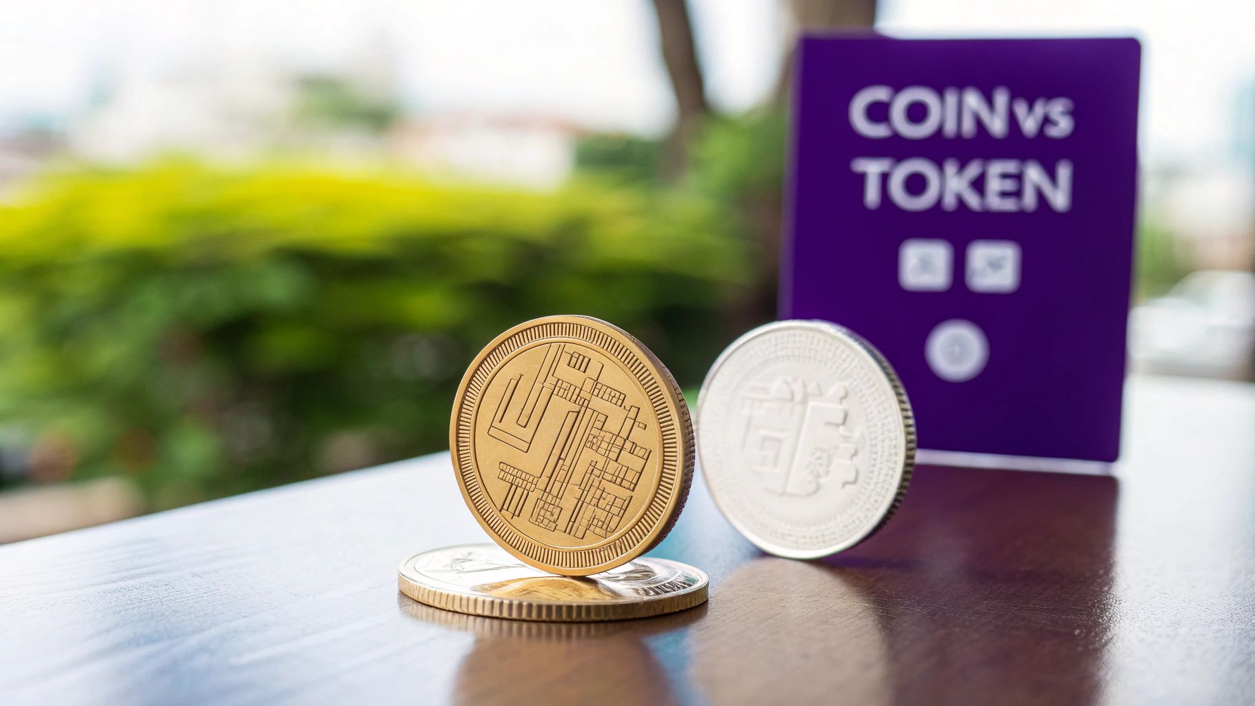 A metallic Bitcoin coin next to a digital Ethereum token, representing the physical vs. digital nature of crypto assets.