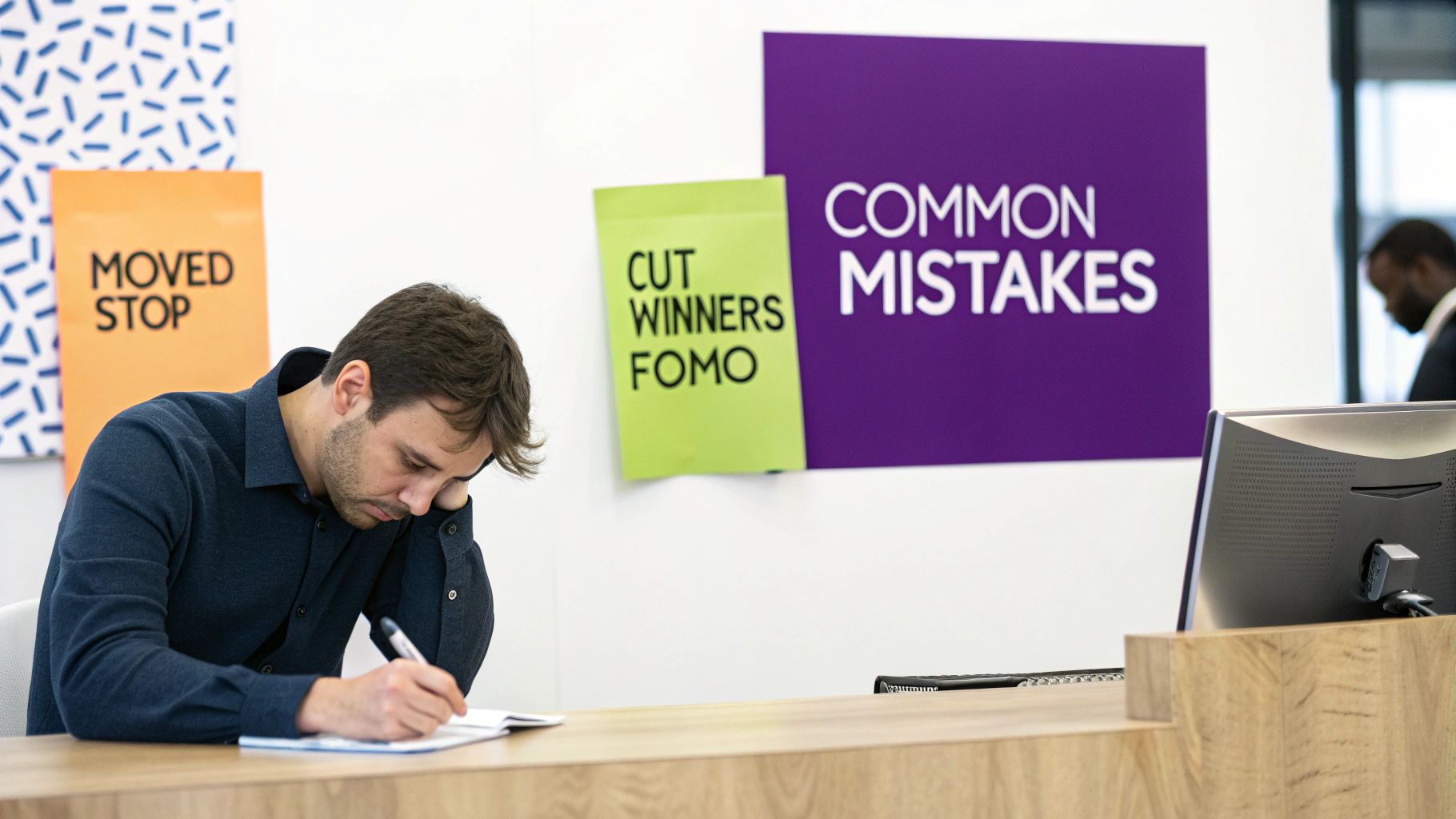 Man writing notes at desk with motivational sticky notes on office wall behind him
