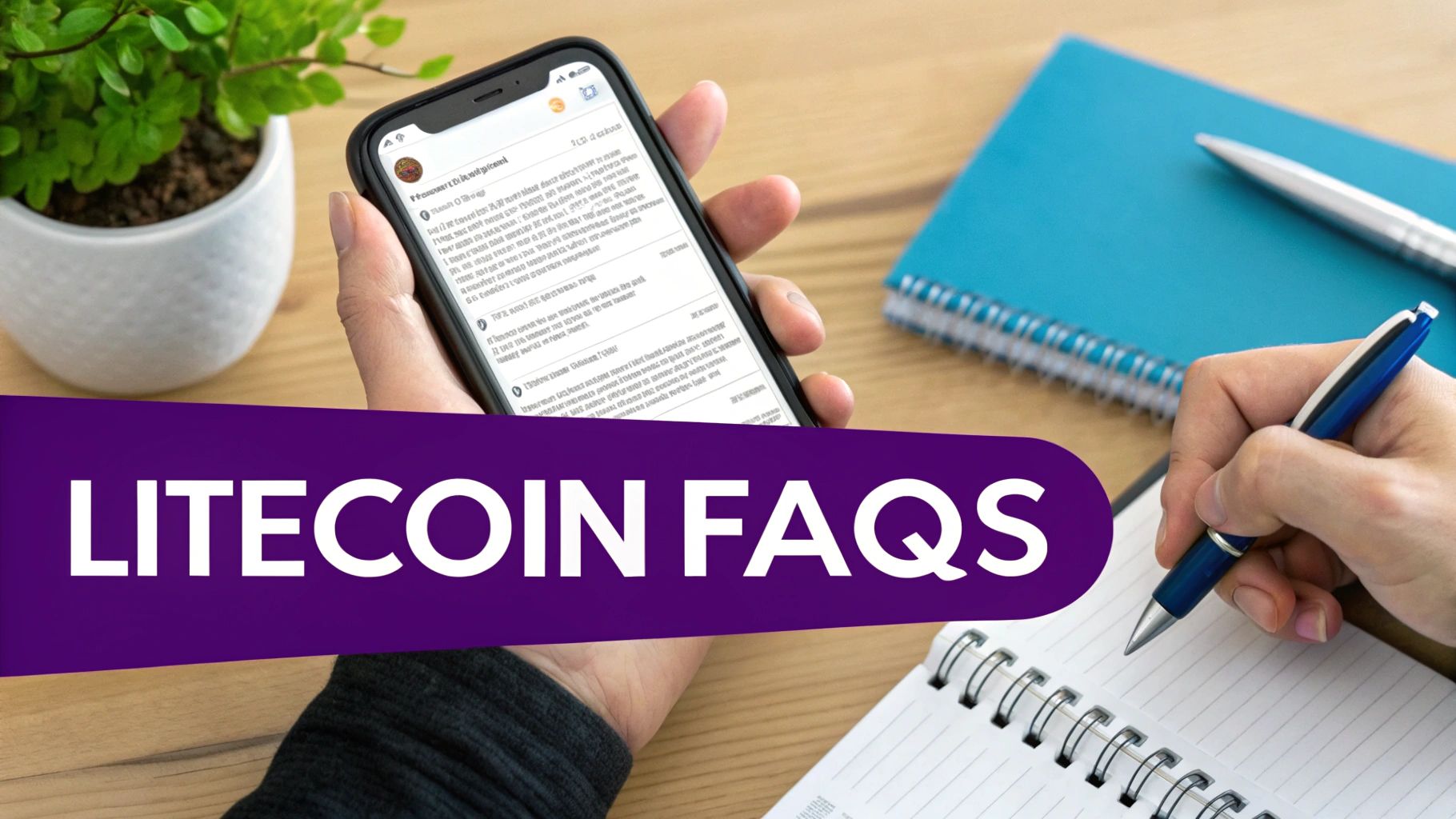 A person's hand holding a smartphone displaying a cryptocurrency app, with a physical silver Litecoin coin resting on the screen.