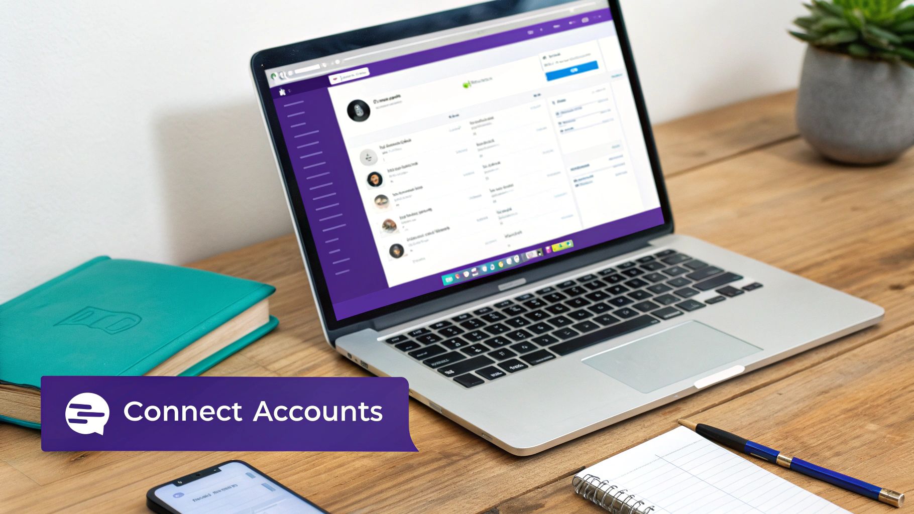 Laptop displaying purple-themed account management dashboard interface on wooden desk with notebook and phone