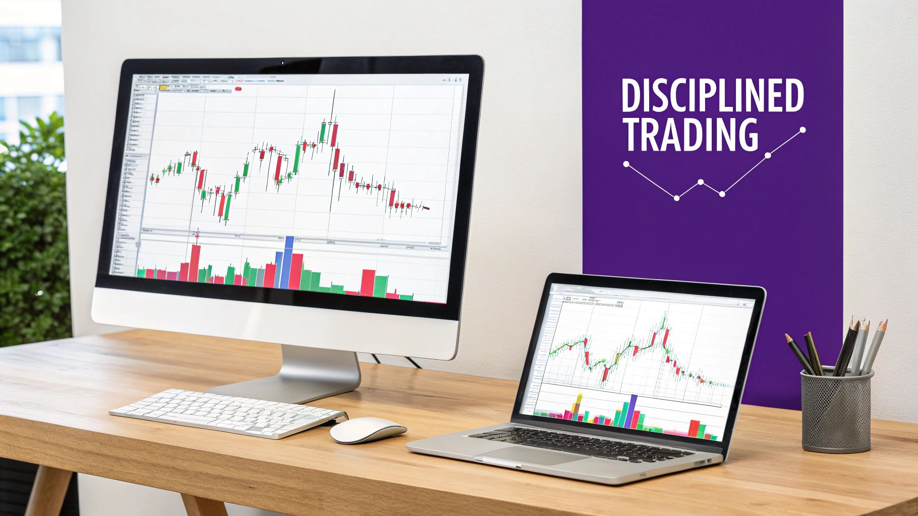 A trader analyzing stock charts with stop loss and take profit levels indicated on the screen