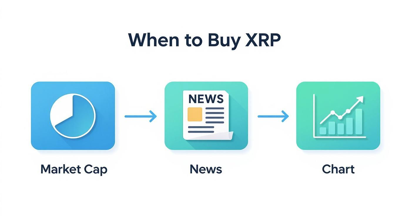 A process flow infographic showing the steps to consider when buying XRP Market Cap, News, and Chart Analysis.