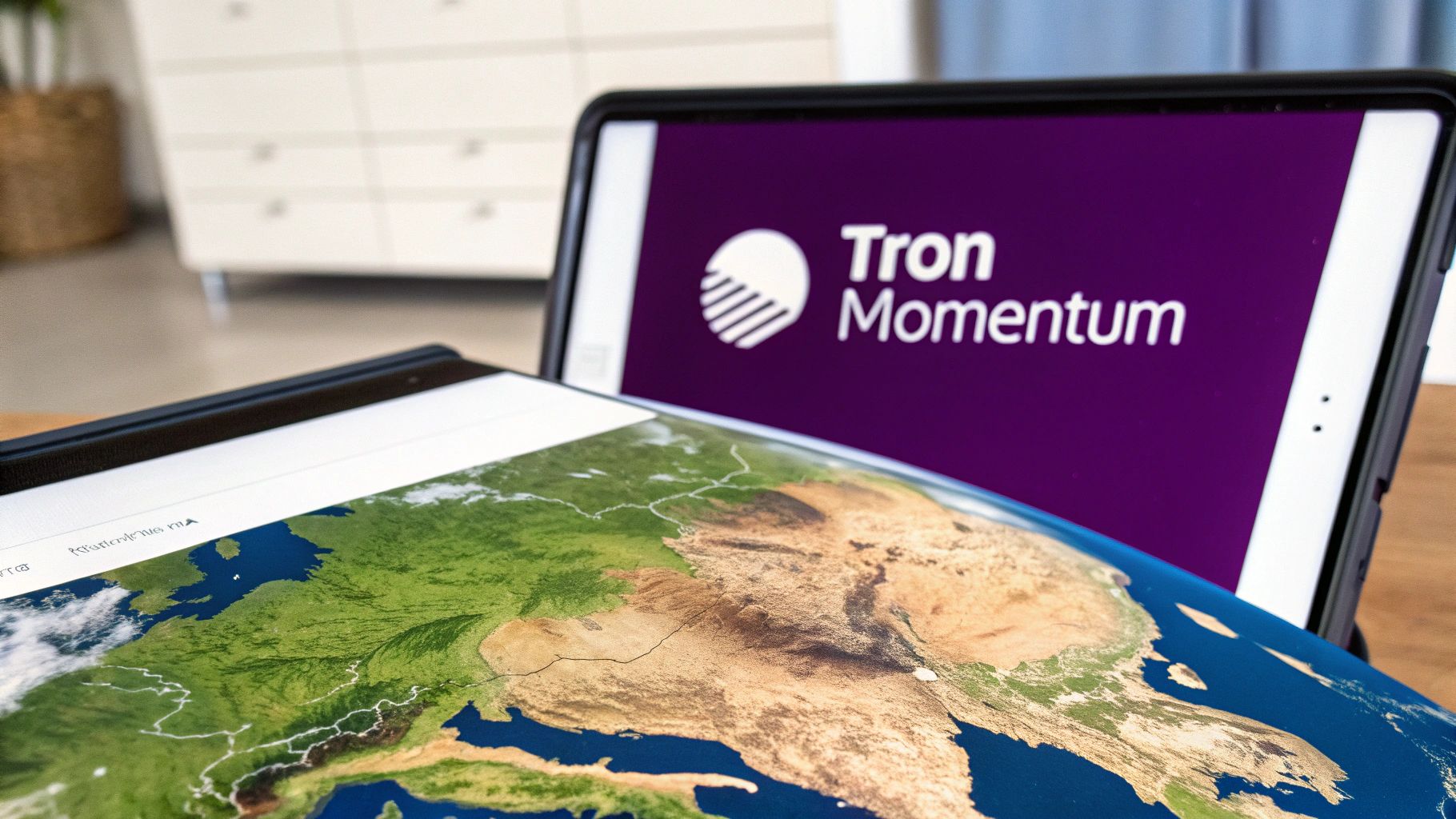 A stylized, abstract image representing the Tron network, with glowing blue and purple interconnected lines forming a digital web.