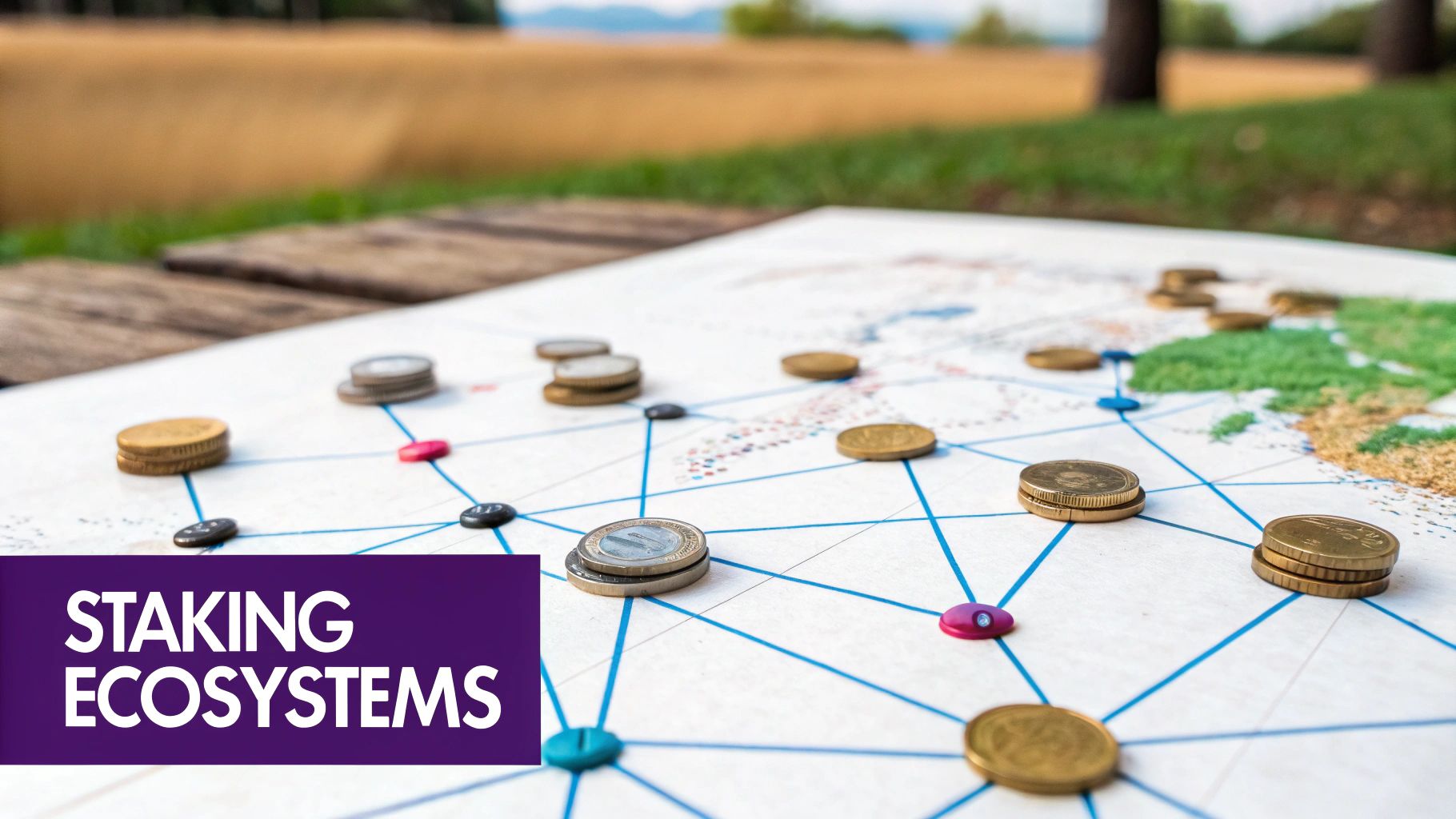 A futuristic, interconnected network of glowing orbs representing different blockchain ecosystems, symbolizing interoperability and yield opportunities.