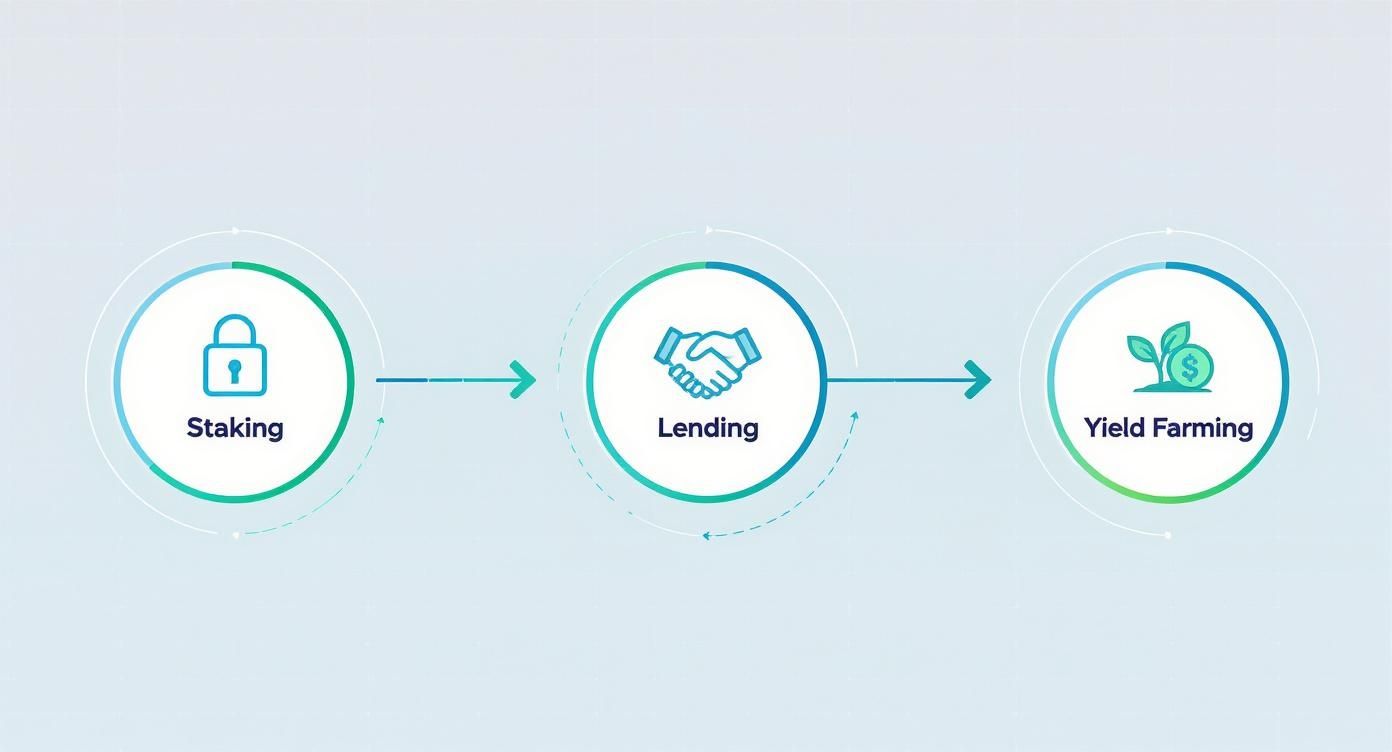 A diagram illustrating the progression from Staking to Lending, then to Yield Farming for crypto passive income.