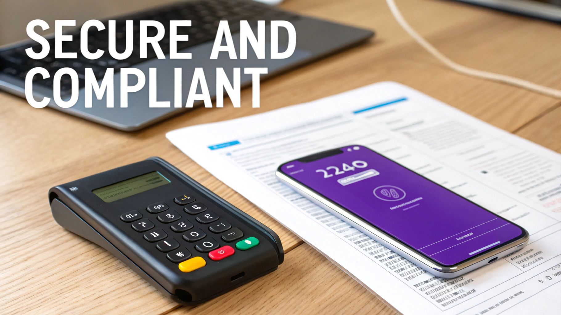 A payment terminal and a smartphone with a crypto app on a table, with 'SECURE AND COMPLIANT' text.