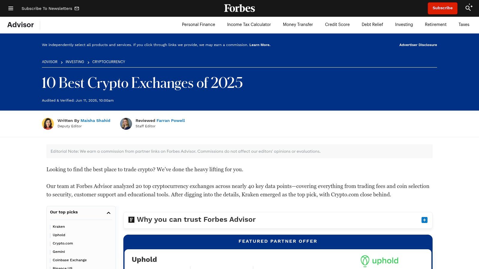Forbes Advisor: Best Crypto Exchanges & Apps (2025)