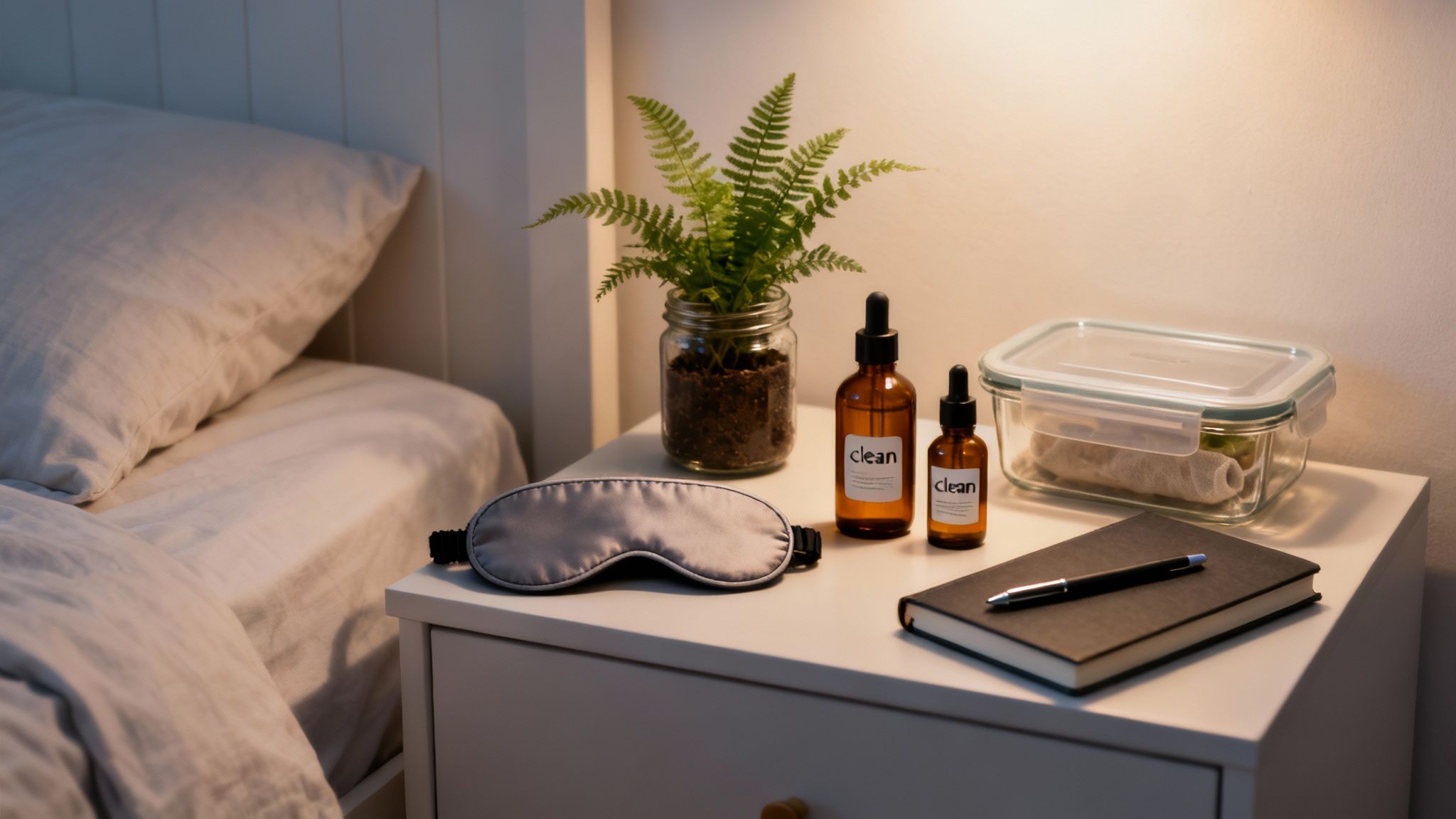 A cozy bedside table with a sleep mask, plant, 'clean' beauty products, and a notebook.