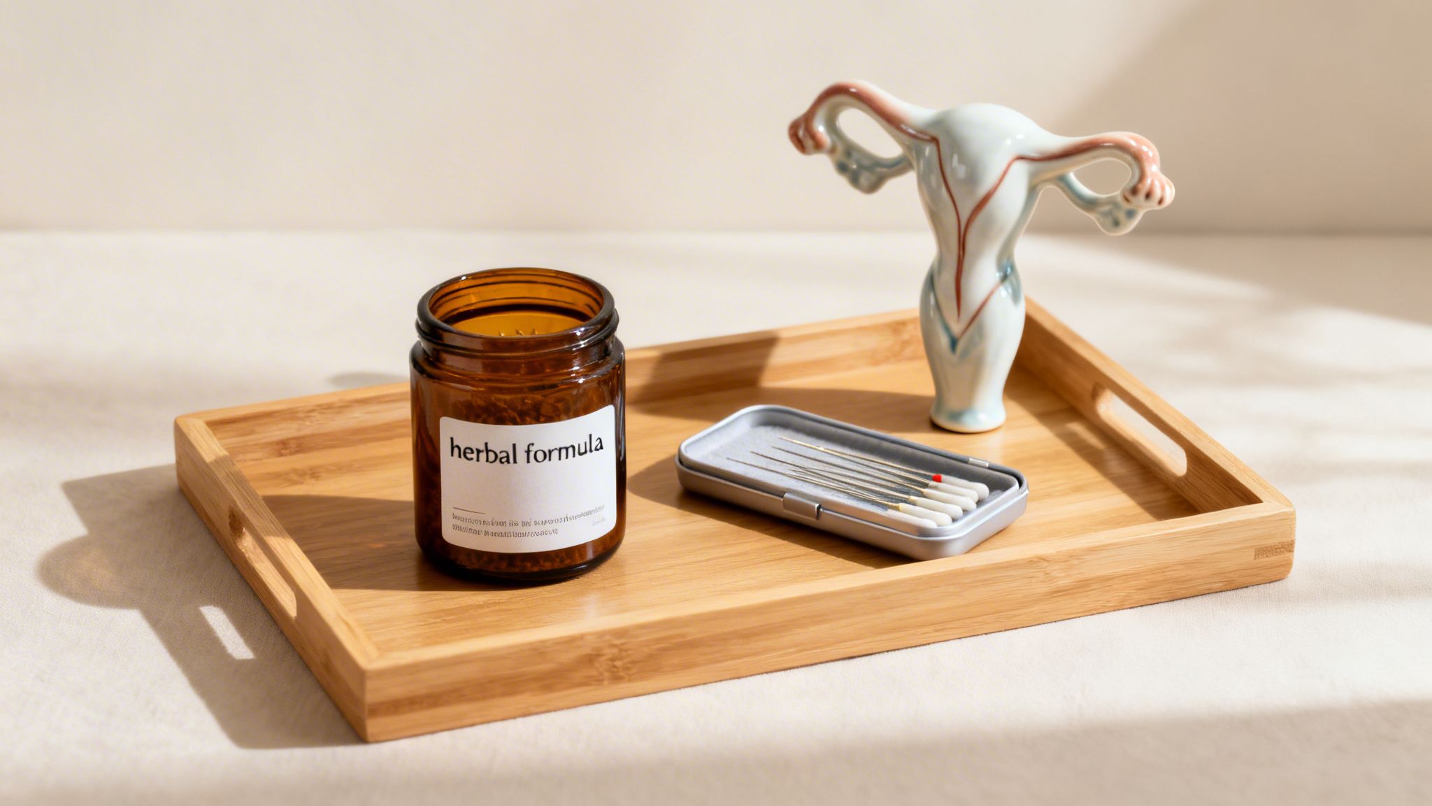 A brown jar of 'herbal formula', acupuncture needles, and a uterus model on a wooden tray.