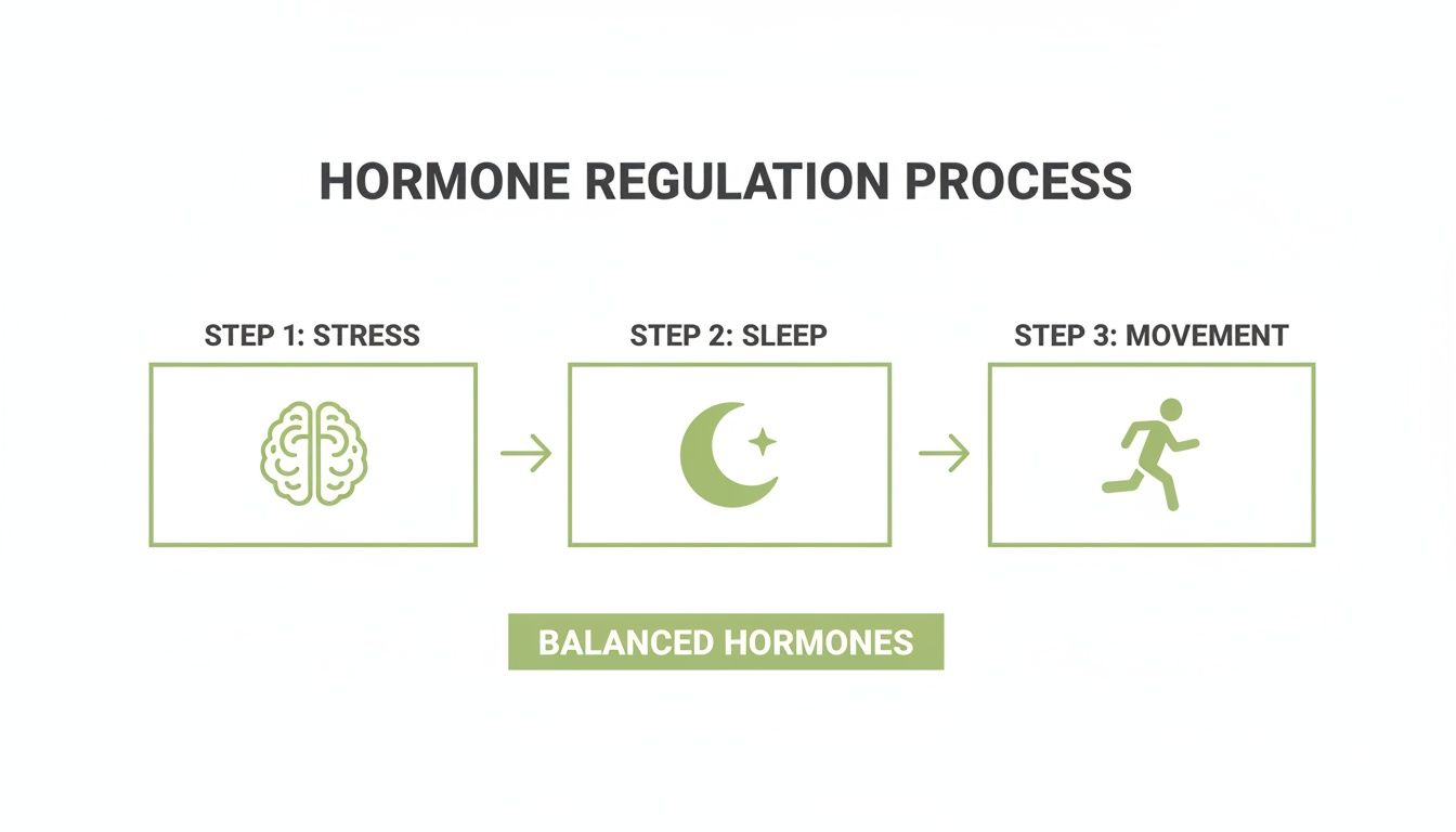 Diagram illustrating the hormone regulation process through stress management, quality sleep, and regular movement for balanced hormones.