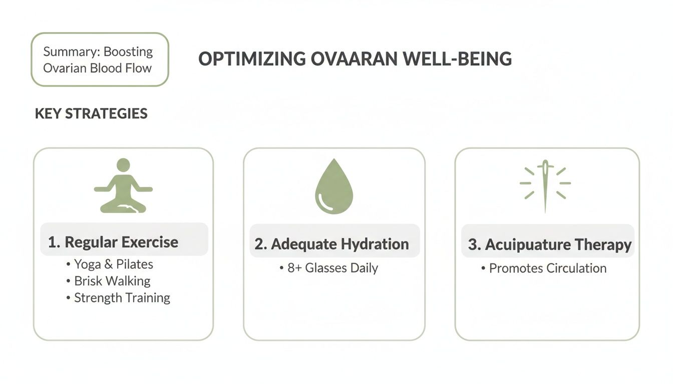 Infographic showing three key strategies for boosting ovarian blood flow: exercise, hydration, and acuipuature therapy.