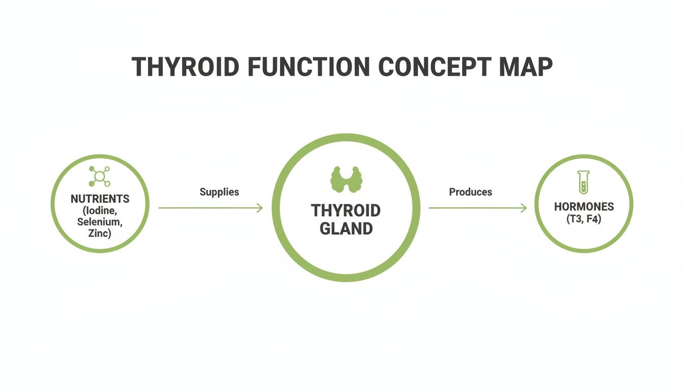 Concept map illustrating thyroid function, showing nutrients supply the thyroid gland to produce hormones T3 and T4.