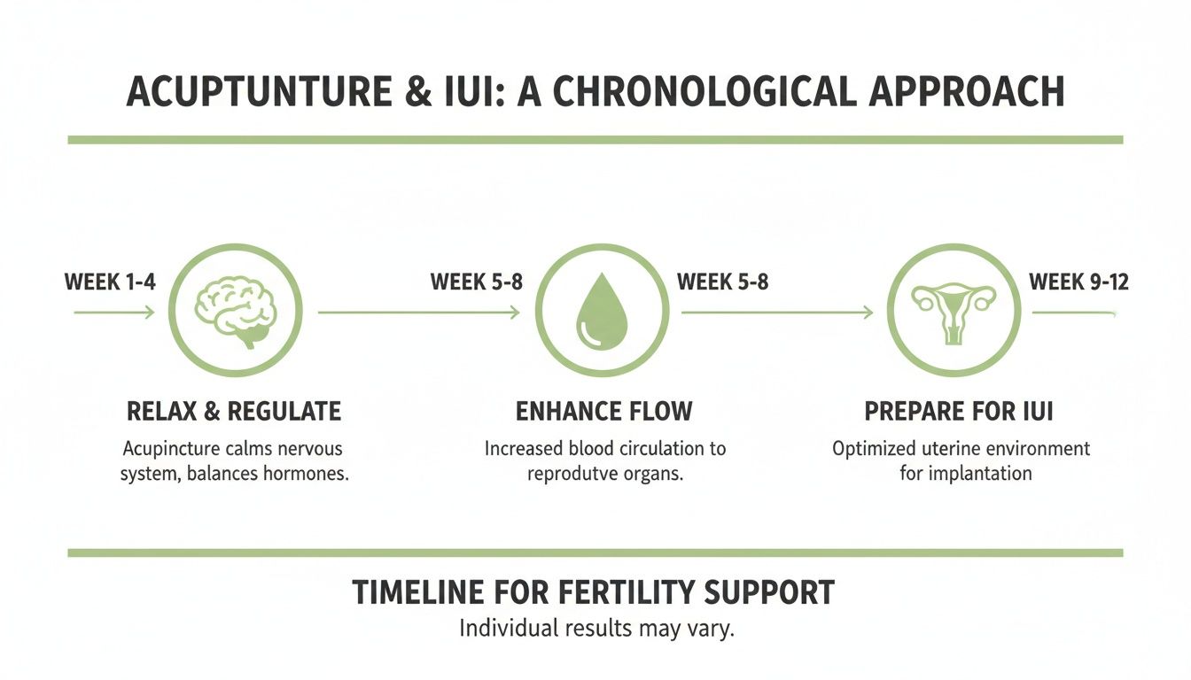 A chronological timeline showing how acupuncture supports IUI preparation across 12 weeks for fertility.