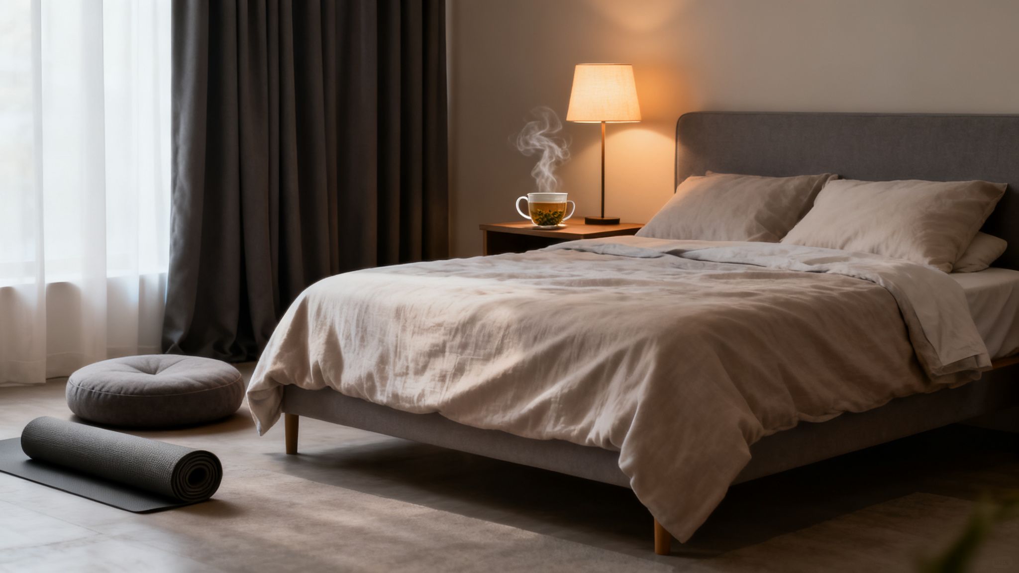 A cozy bedroom with a bed, nightstand, steaming tea, lamp, yoga mat, and meditation cushion.