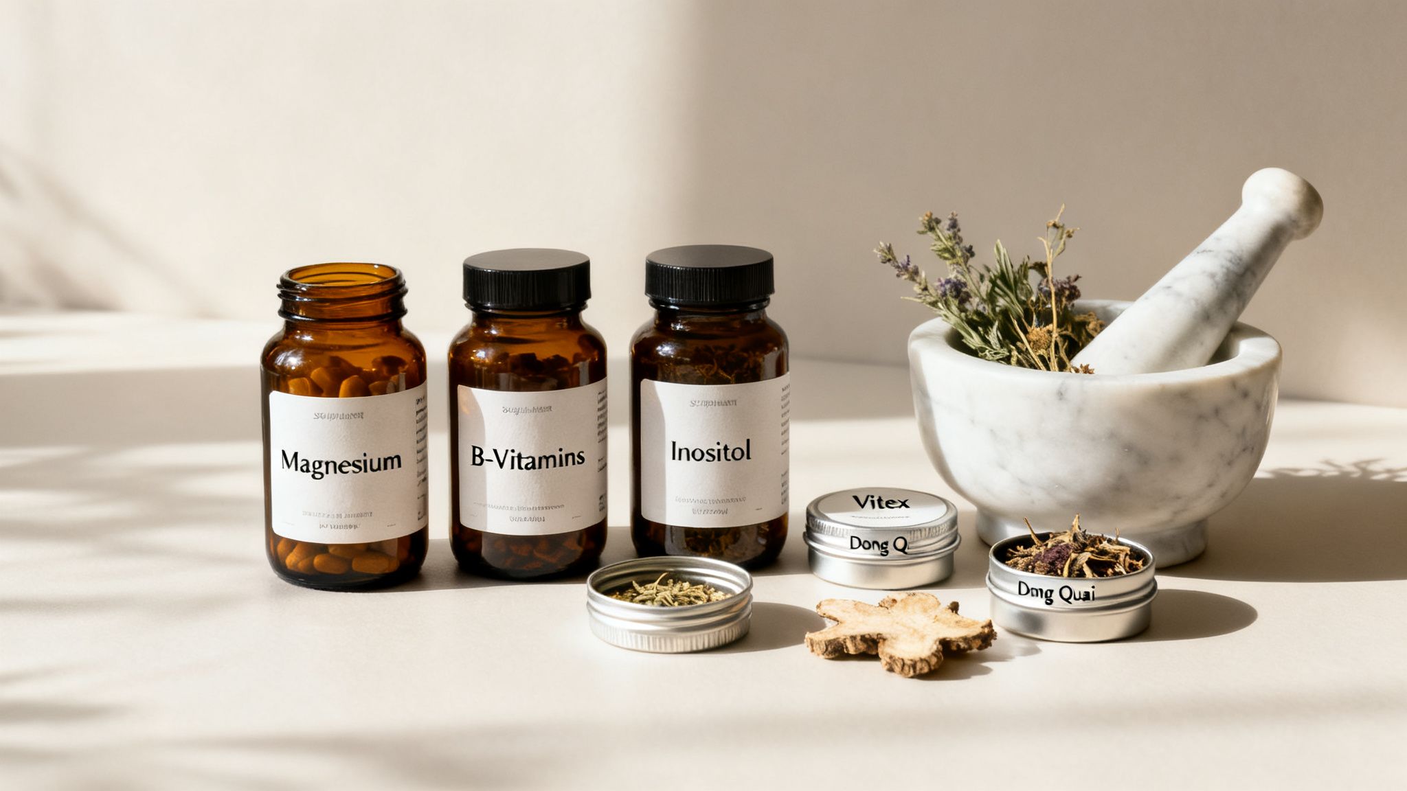 Amber bottles of magnesium, B-vitamins, inositol, alongside natural herbs like vitex and dong quai with a mortar and pestle.