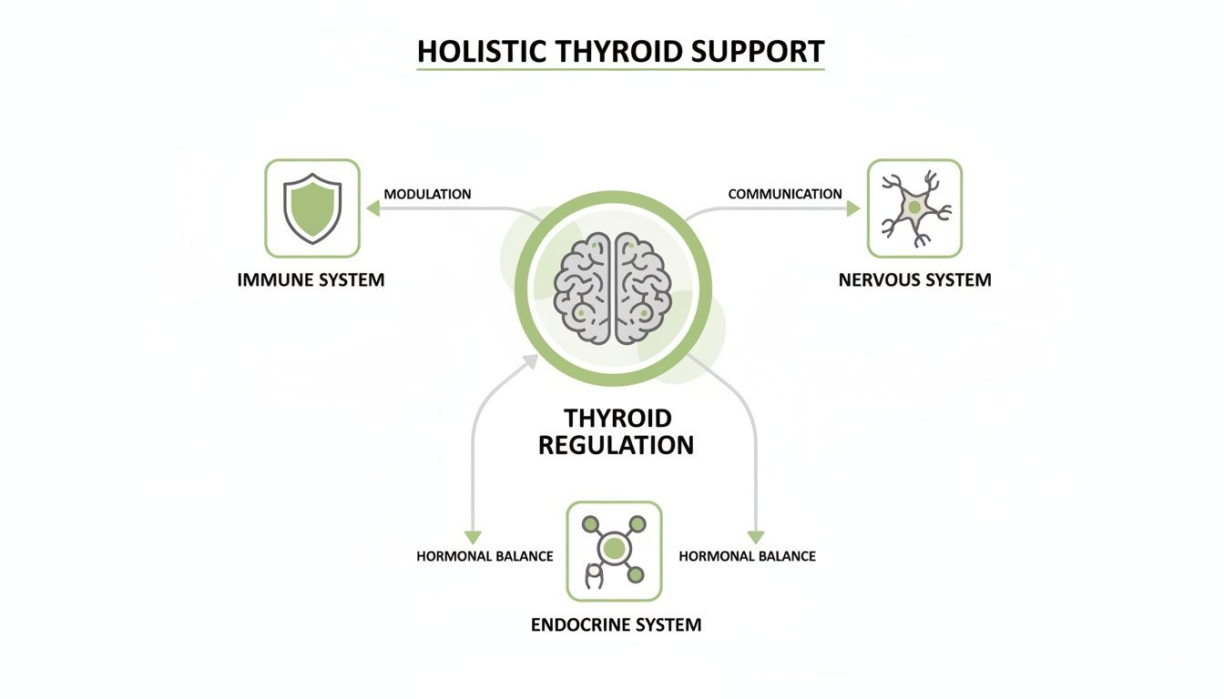 Diagram showing holistic thyroid support, illustrating thyroid regulation's interaction with the immune, nervous, and endocrine systems.