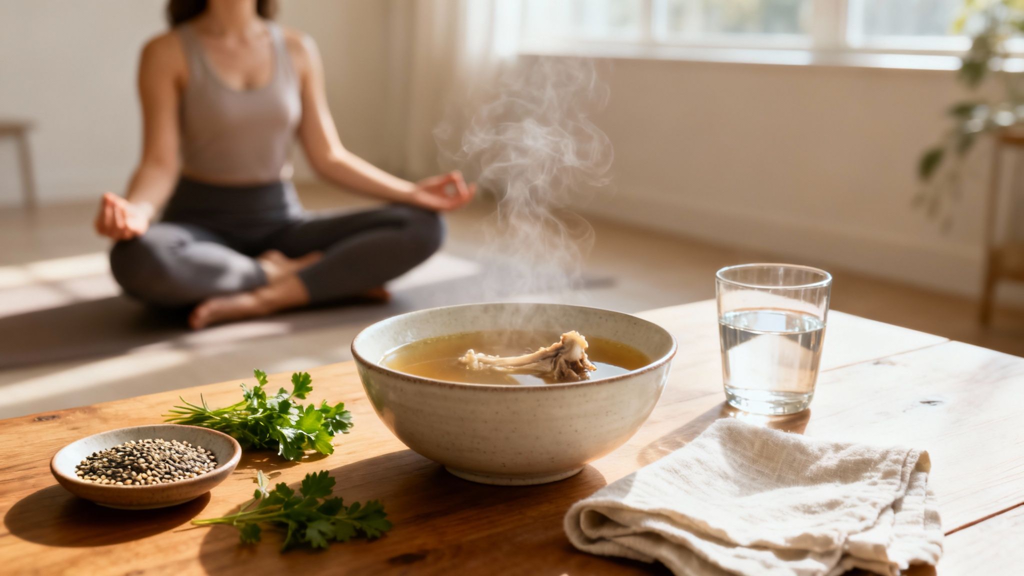 Steaming bone broth, fresh parsley, and seeds on a table with a person meditating in the background.