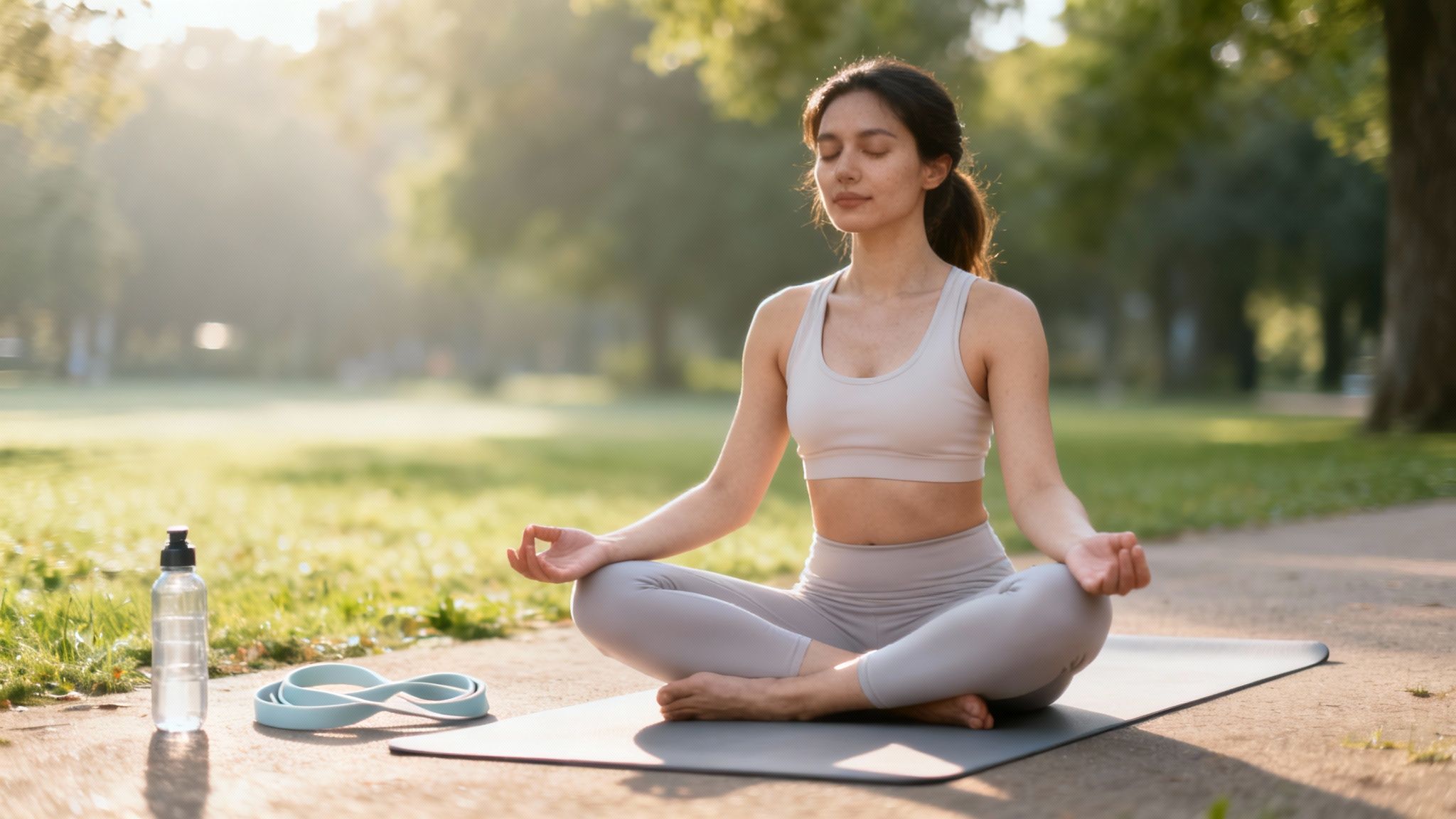 A young woman meditates peacefully on a yoga mat in a sunny park during morning light.