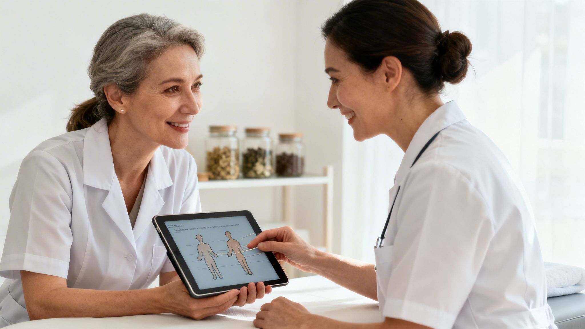 Two female practitioners discuss human anatomy on a tablet during a healthcare consultation.