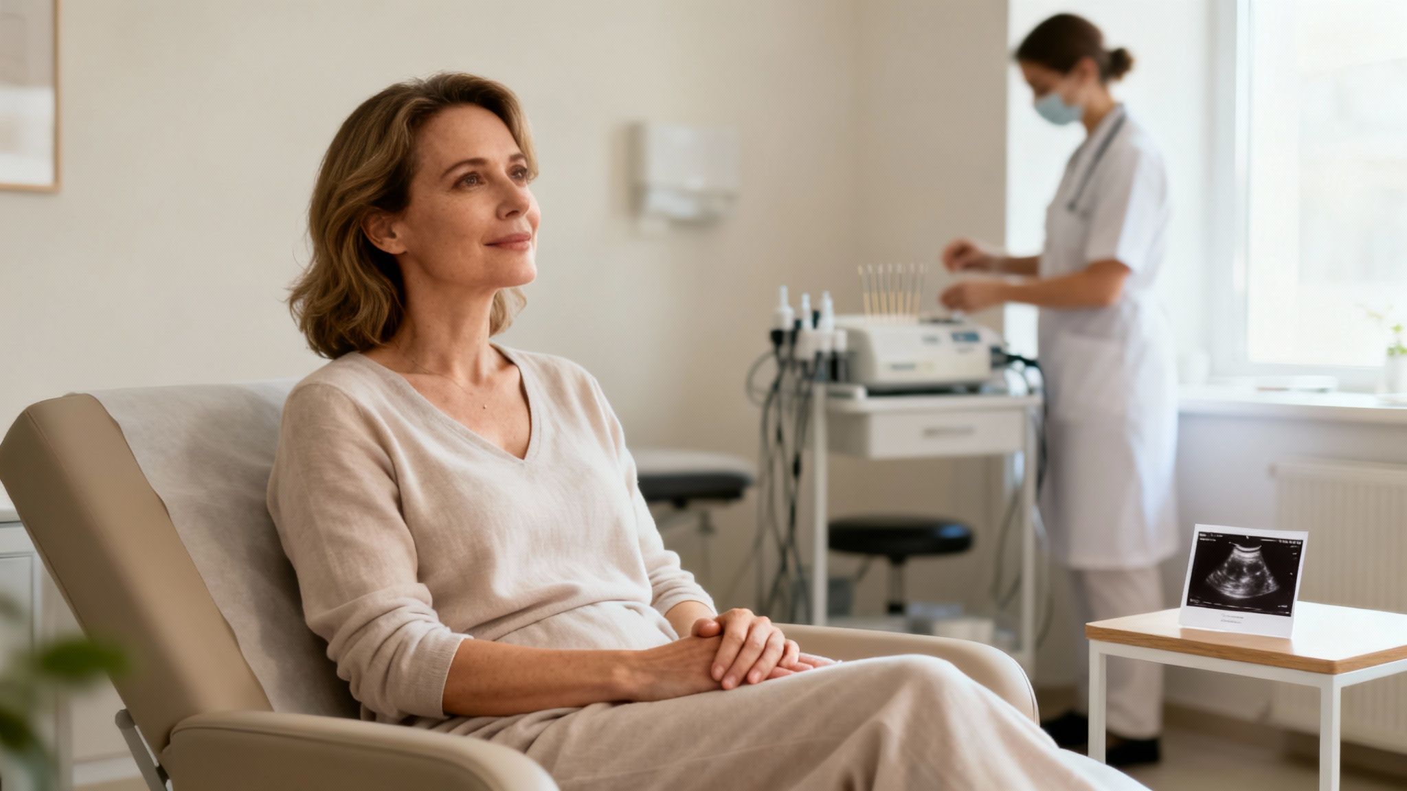 A hopeful woman sits in a medical clinic, with an ultrasound image on a table and a nurse working.