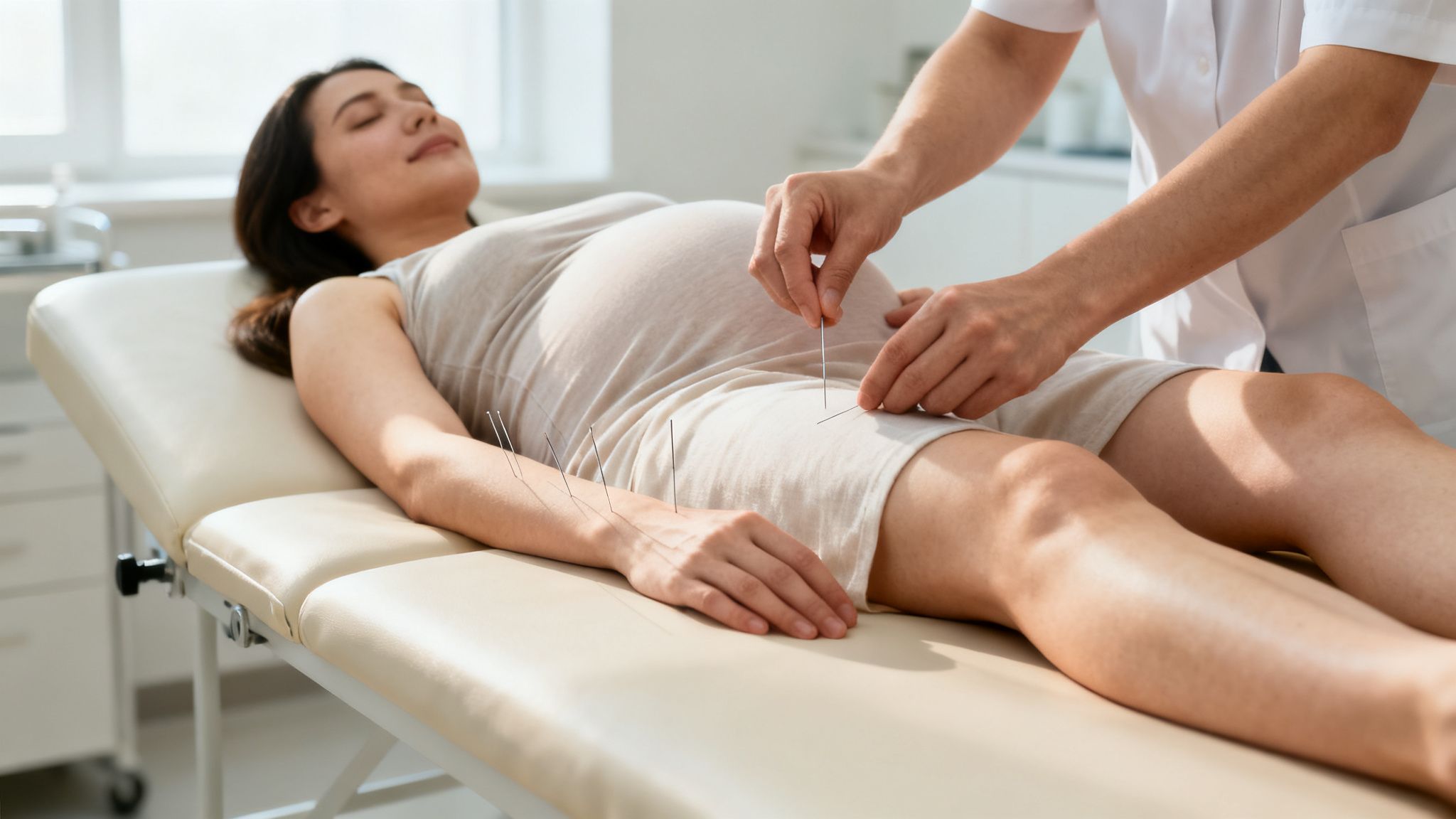 Professional administers acupuncture to a relaxed pregnant woman's arm and leg for well-being.